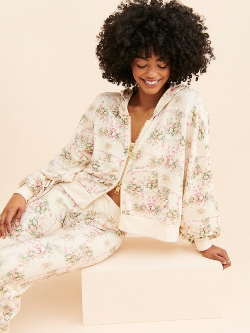 Selkie Floral Zip Hoodie in Pale Pink and Cream